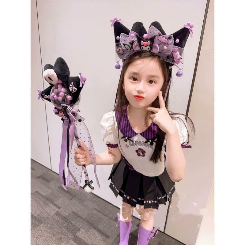 Kawaii Sanrioed Kuromi Rok Met Korte Mouwen Tweedelige Set Meisjes Jk Uniform Geplooide Rok Preppy Modepak Zomer Kinderkleding