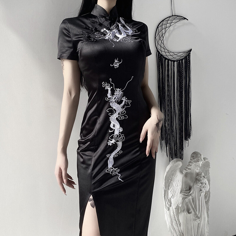 Seksowny czarny brokatowa satyna krótki widelec Cheongsam chiński klasyczny damski Qipao elegancki nowość z krótkim rękawem wieczorowa suknia ślubna