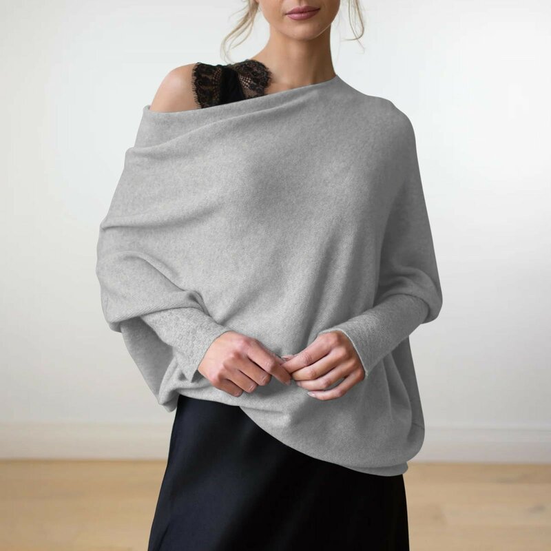 Women's Long Batwing Sleeve Boat Neck Knitting Tops  Autumn And Winter Baggy Pullover Sweaters Solid Color Loose Casual Knitwear