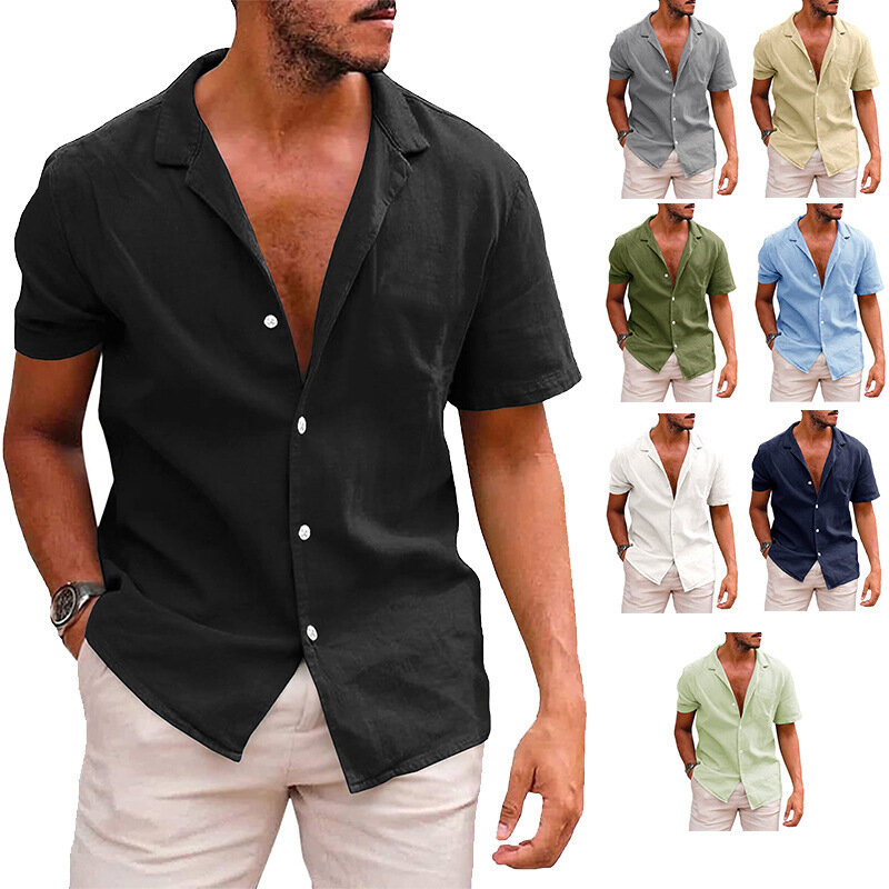 Camisa de manga corta para hombre, camisa de lino y algodón con botones, color sólido, solapa de verano