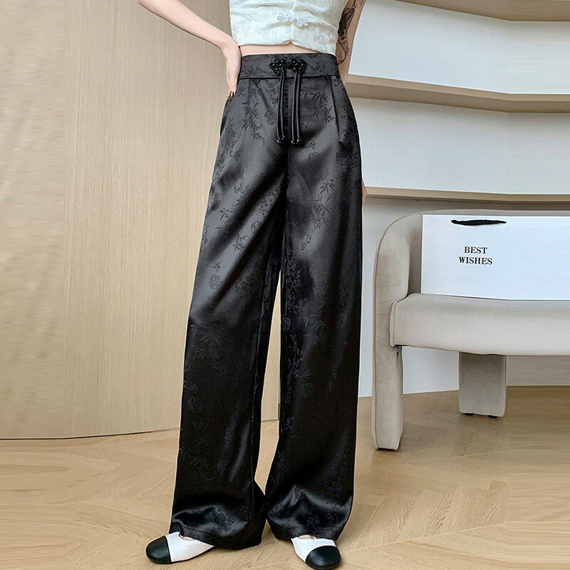 Женские повседневные брюки с высокой талией, элегантные широкие брюки в Корейском стиле с винтажным принтом, весна 2024