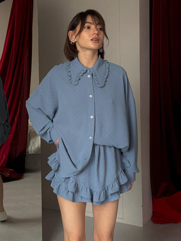 Marthaqi-女性用パジャマセット,2枚,パーターの襟,長袖,ナイトウェア,カジュアル,ブルーナイトウェア,ルーズフィット