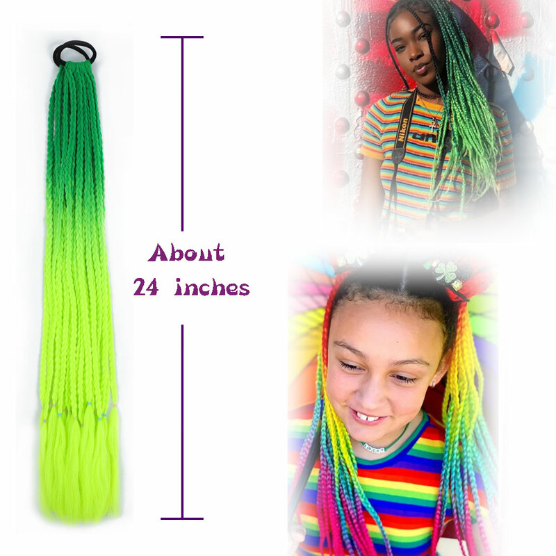 AZQUEEN-coleta trenzada de Color sintético para niña, extensión de cabello, trenzas de Color arcoíris, cola de caballo con banda elástica