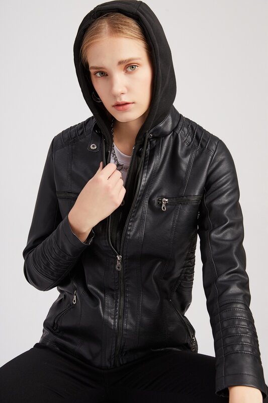 2024 Hooded leather jacket two-piece detachable large size leather coat women's spring and autumn coat women's PU washed leather