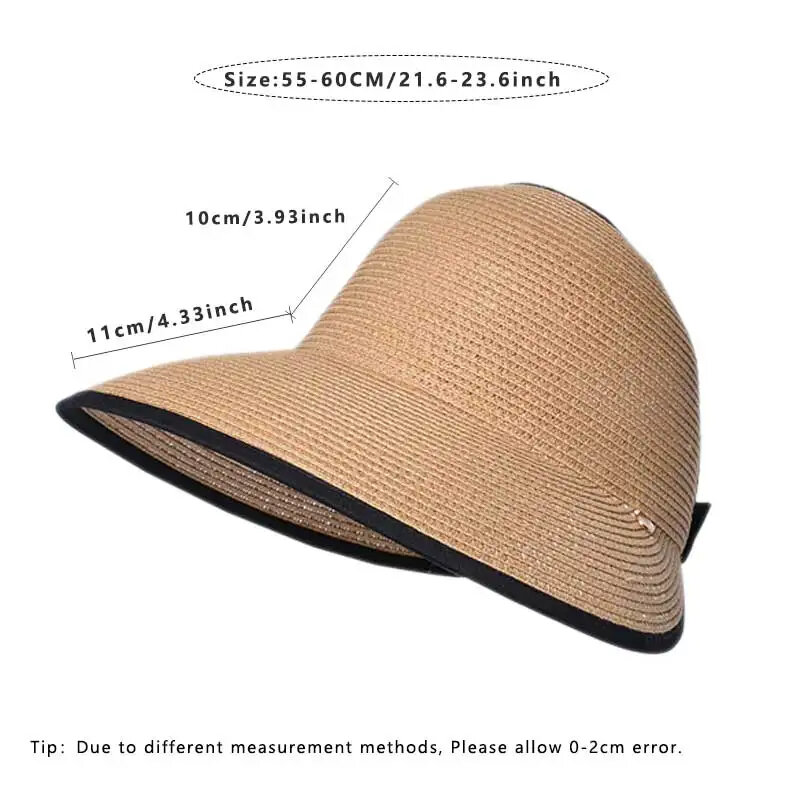 Topi matahari wanita, topi jerami kosong atas musim panas, tepi lebar besar Anti-UV tabir surya luar ruangan dapat dilipat gulung naik perjalanan liburan topi pantai