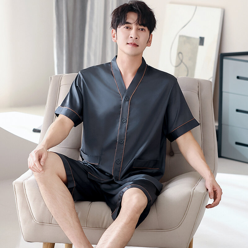 Herren Kurzarm Lounge Wear Mode Seide Satin Pyjama Sommer kurze Hosen pj Set solide stilvolle V-Ausschnitt Homewear 4xl Nachtwäsche