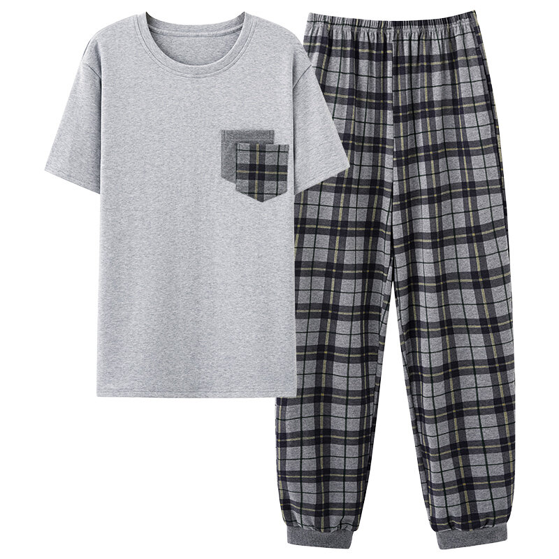 Мужские пижамные комплекты L-4XL, летняя Хлопковая мужская пижама с коротким рукавом, с принтом, большие ярды, Повседневная Пижама, Мужская пижама