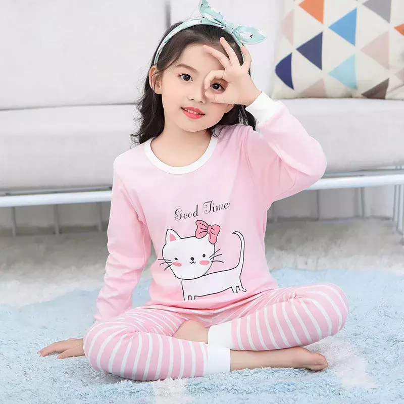 Pijama infantil de algodão de manga comprida, Pijama de gato infantil, Conjuntos de pijamas infantis para meninos e meninas, roupas de bebê, 3 anos, 4 anos, 6 anos, 8 anos, 10 anos, outono