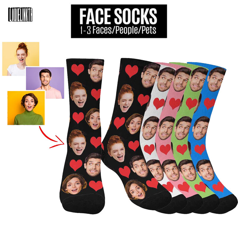 Unisex Socks rosto personalizado com foto impressão, coração personalizado Socks, Pet Picture, Dia das Mães, aniversário da família, presente de aniversário