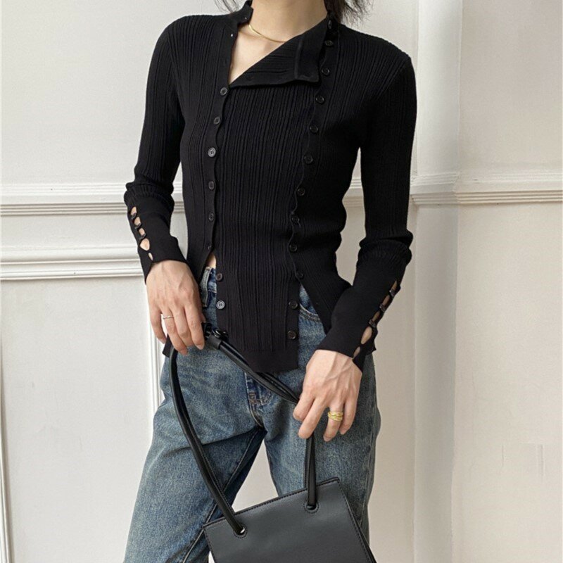 Irregular Slim Knitting Cardigan Sweater Loose Fit V-Neck Long Sleeve Women New Fashion Tide Autumn Winter 2024