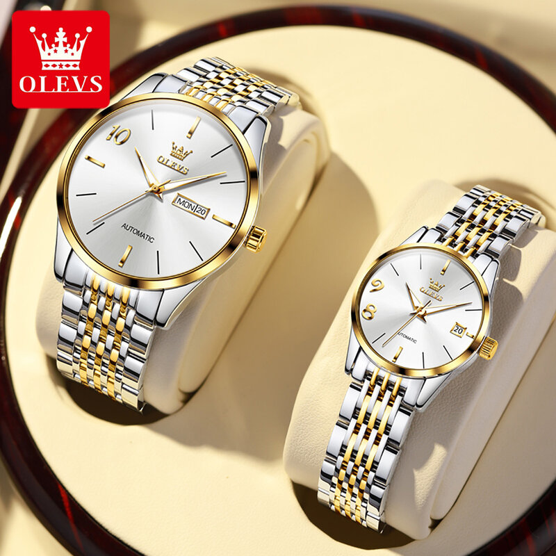 OLEVS nuovissimo orologio meccanico di lusso in acciaio inossidabile impermeabile luminoso settimana data moda coppia orologi per uomo e donna