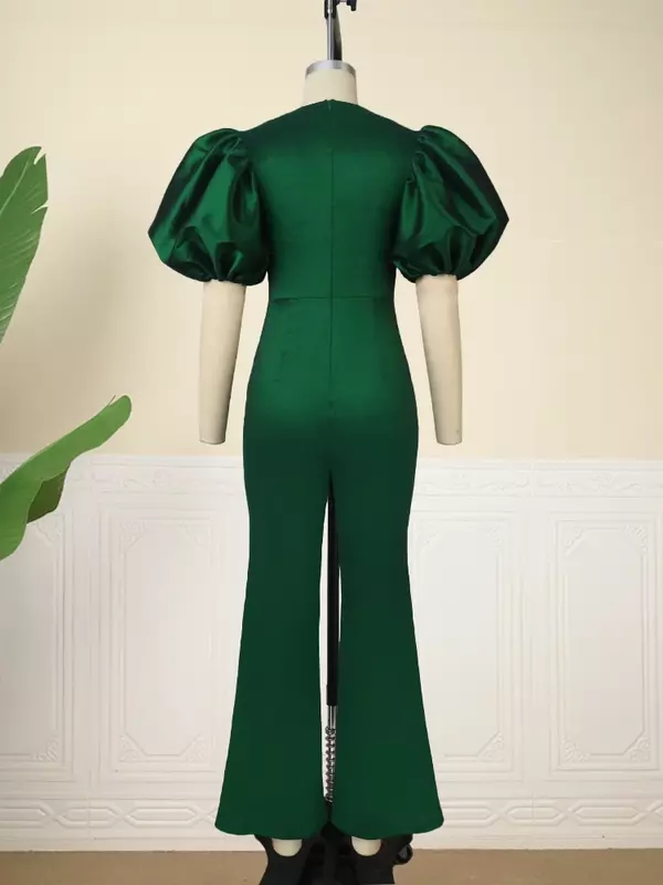 Mono elegante de talla grande para mujer, peto verde brillante, manga abombada, ropa de trabajo Vintage, trajes elegantes