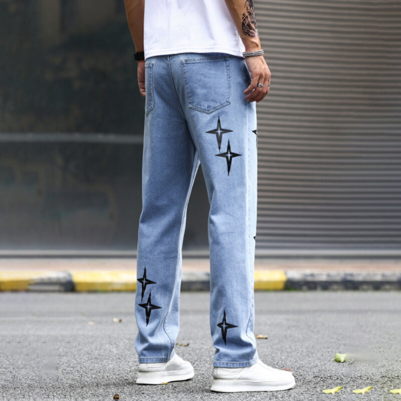 Pantaloni a stella stampati Streetwear Jeans larghi da uomo moda coreana pantaloni maschili larghi dritti da uomo High Street Hip Hop stile giapponese