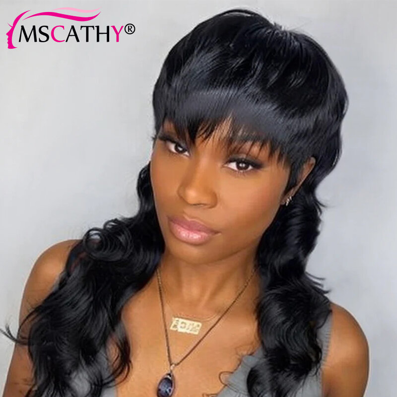 20 22 24 Inch Human Hair Wigs for Women No Lace Full Machine Made Wig Wavy Wig with Bangs Natural Black Colored Wig 150% Density