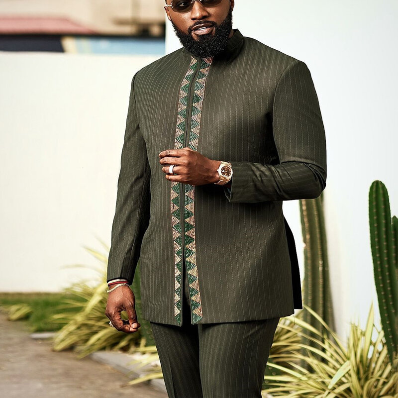 2024 Luxus Herren Anzug Set Kaunda Anzug Smoking Outfits Pocket Top Hosen afrikanischen ethnischen Hochzeit Gentleman 2 stücke Sets Anzug Outfits
