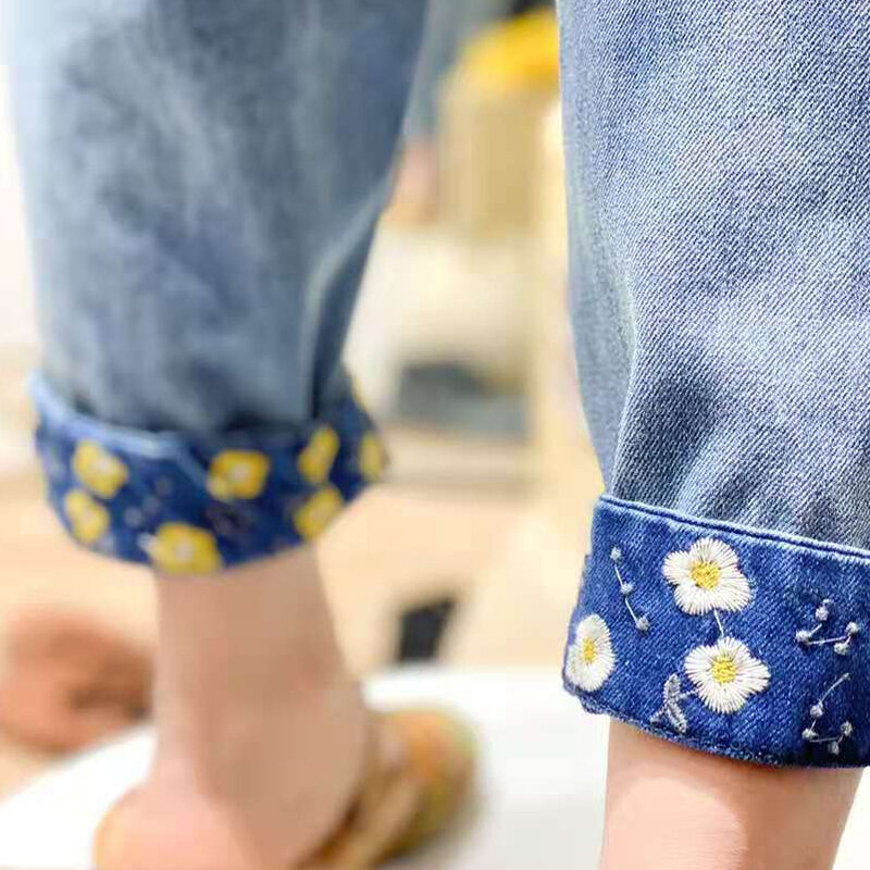 Spring Summer Women New Small Floral Printed Blue Jeans Personality Design Denim Pants Elastic Waist Casual Vintage Trousers