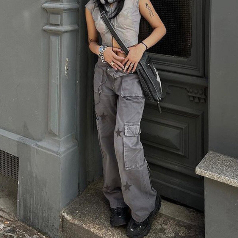 Jeansowa planeta pikantna dziewczyna 2024 nowa kilka kieszeni dżinsy o średniej talii luźna szeroka noga odzież robocza damska spodnie z nadrukiem cyfrowa