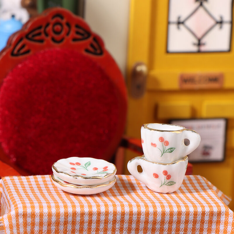 Juego de Taza de cerámica de cereza en miniatura para casa de muñecas, 1 Juego, 1:12, modelo de platillo, vajilla de cocina para decoración de casa de muñecas, juguetes de juego de simulación para niños