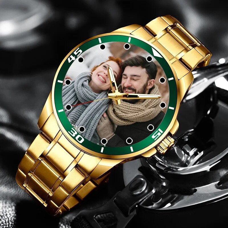 Homens logotipo personalizado Photo Quartz relógio de pulso, luxo, cor dourada, personalizado, presente original para os amantes, impressão no mostrador, criativo