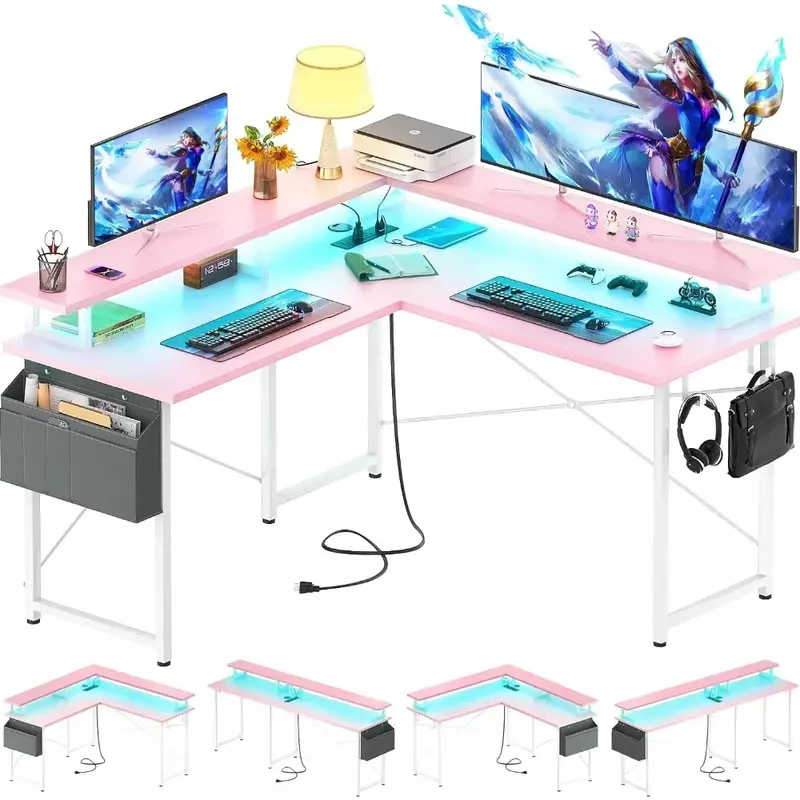 L Shaped LED Lights Gaming Desk, Corner Desk com Prateleiras de Armazenamento, Home Office, Pequenos Espaços, Móveis de Computador, Frete Grátis