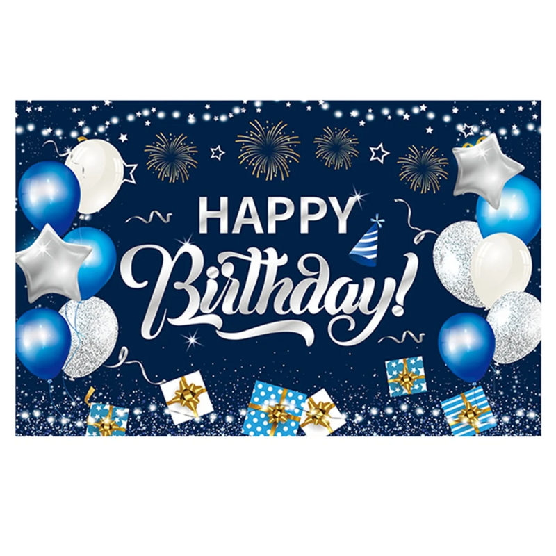 Toile de fond de photographie de joyeux anniversaire, ballon à paillettes bleues, fond photo de fête d'anniversaire, gril de photographie, 115x180cm