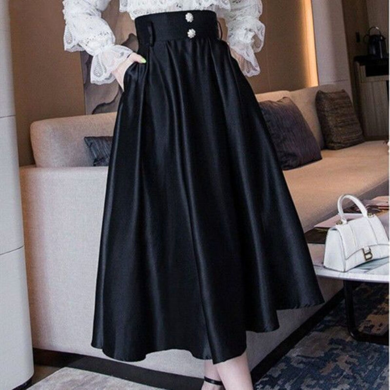 Fashion Women Elastic High Waist Solid Color Skirts Female Elegant Vintage Streetwear Harajuku All Match A-line Black Skirt Q586