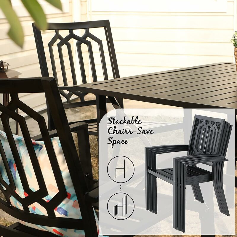 Mesa de jantar ao ar livre com cadeiras empilháveis, mesa do pátio e cadeiras, preto, 7 pcs