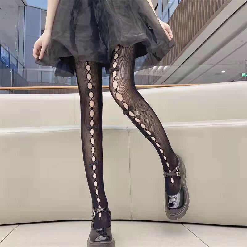 Lolita Cosplay meias de seda para meninas, bowknot, Hollow Out meia-calça, fina, Ins Tide, calças justas de renda, Anime meias, preto e branco, oco, sexy