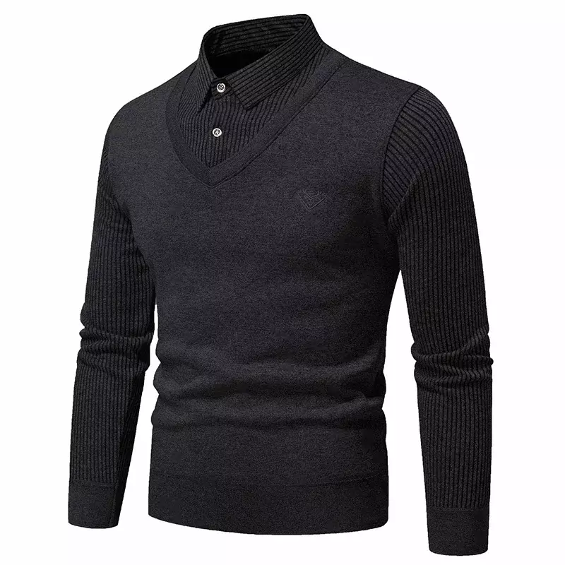 Autumn and Winter New Men's Fake Two Piece Sweater with Fleece and Slim Fit Polo Collar Knitted Bottom Shirt Thickened and Warm
