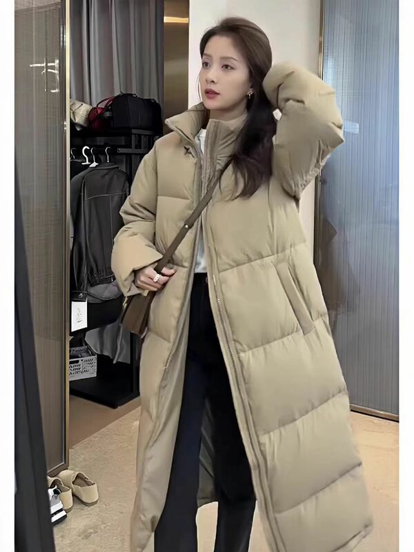 Stojący kołnierz długa kurtka puchowa, modna kurtka w koreańskim stylu, modna biała kurtka puchowa z najwyższej półki, damska zima