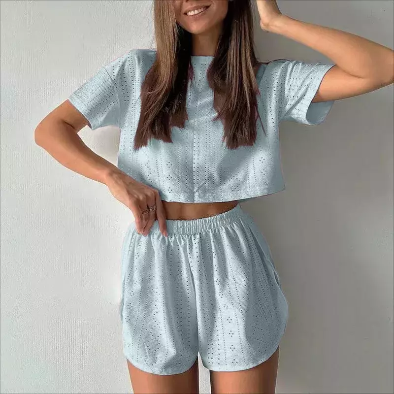 White Short Sleeved Shirt Crop Tops Shorts Sets Summer Female Solid O-neck Suits Casual Vacation Casual Beachwear Matching Sets