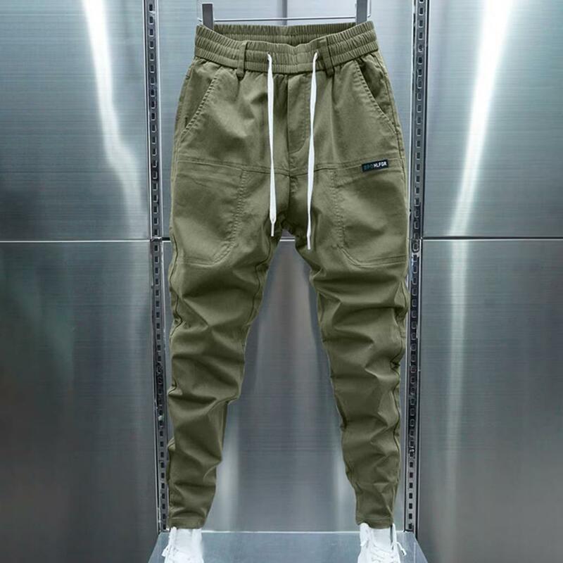Drawstring Men Pants Ankle-banded Harem Pants Solid Color Pockets Soft Casual Joggers Male Cargo Pants Cargo Sports Trousers