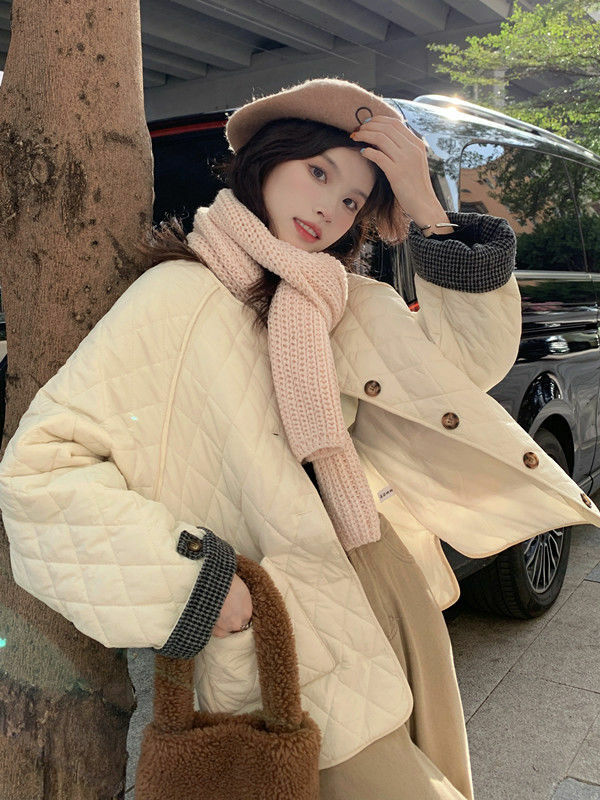 Koreański lekki bawełniany płaszcz damski bez kołnierzyka bawełniany płaszcz z podszewką koreański luźny romb