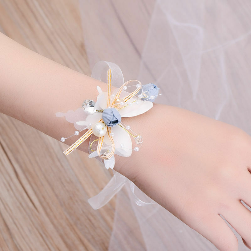 Belles fleurs de poignet de demoiselle d'honneur, corsage de poignet de perles, fleur à la main, bracelet de mariage, fête de Rh, fournitures de mariage