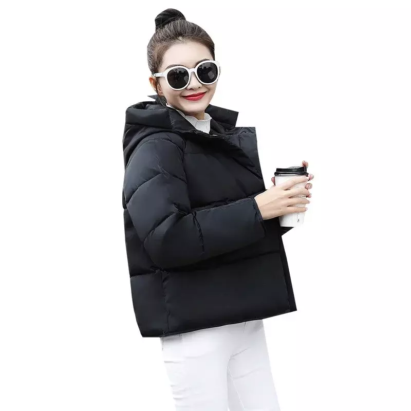 Корейская мода, зимнее утепленное короткое пальто, офисные женские повседневные парки на молнии с капюшоном, однотонные пальто с большими карманами