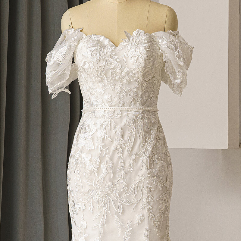 Vestidos de novia modernos de primera clase para mujer, vestido de sirena de encaje con botones, manga casquillo, 2024, QW01627, 2024