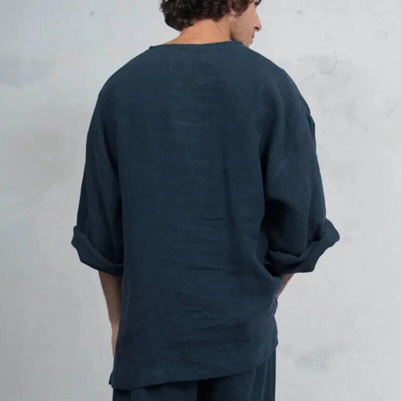 Camiseta de linho estilo boêmia masculina, manga comprida, gola V, atadura, algodão, casual, verão, nova, M-3XL, 2022