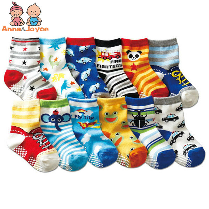 12 par/lote antiderrapante criança meias com aperto para meninos meninas bebês crianças anti skid algodão tripulação meias 1-7years