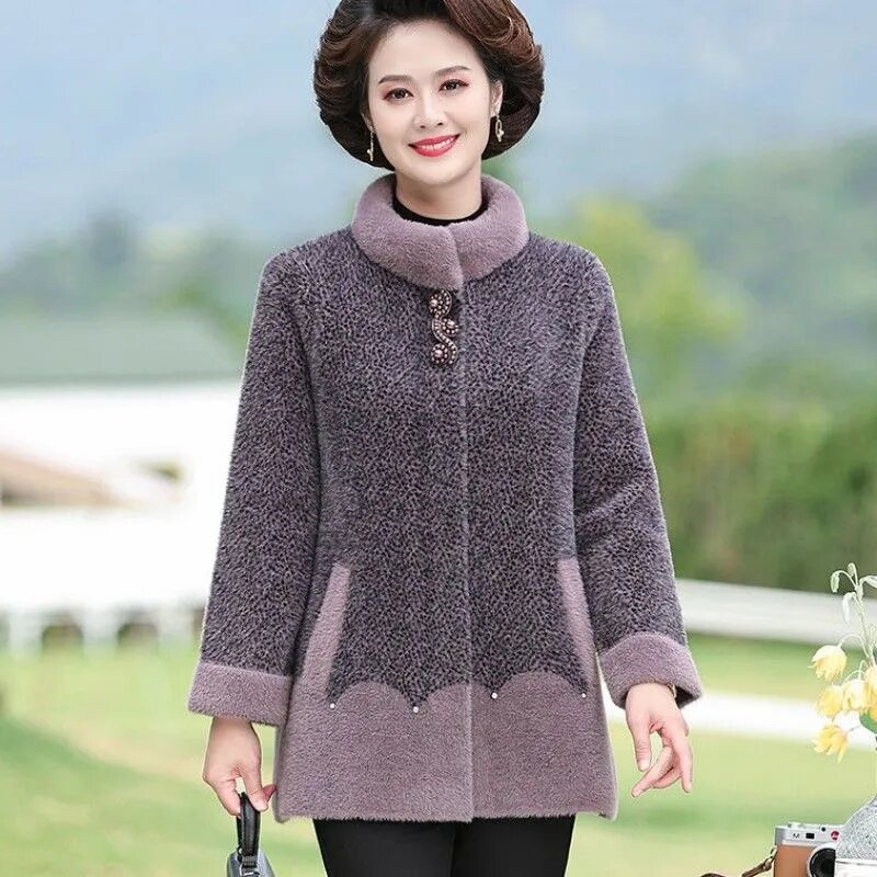 Manteau en laine cachemire pour femme, vison, veste décontractée, d'âge moyen, automne, hiver, nouveau, 4XL