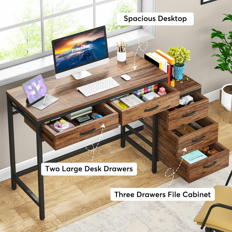Escritorio de computadora de 5 cajones, mesa de escritura de estudio, estación de trabajo de oficina en casa con almacenamiento