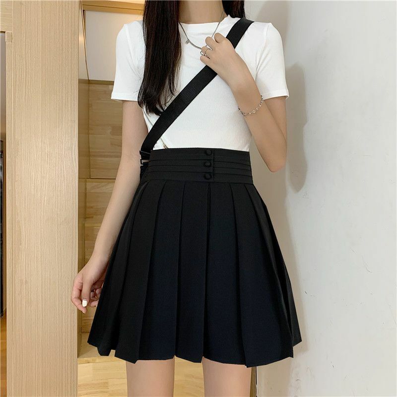 Media Falda plisada de cintura alta para mujer, falda de línea a, diseño de botones, cintura elástica, versátil, Moda de Primavera, bolso coreano