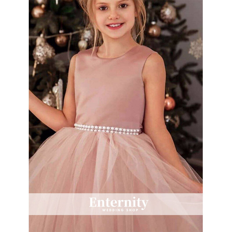 Princesse Enfant a-line o-collo Bow Flower Girl Dress Tank Sleeve Ball Gown Open Back Floor-length Lovely Vestidos Para nias