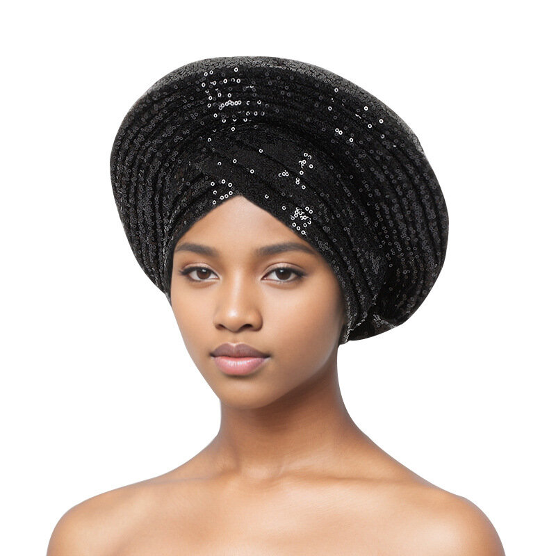 Тюрбан с пайетками для женщин, головной убор в африканском стиле, для свадьбы, в Нигерии, повязка на голову