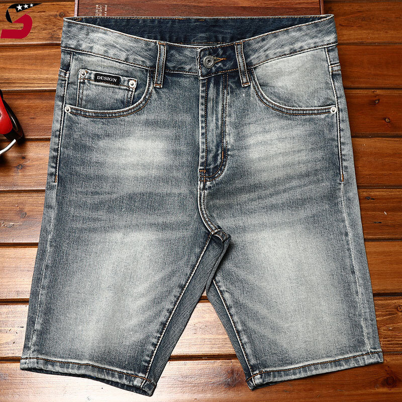 Shorts jeans high-end masculino, calças justas cortadas, calças stretch, retrô nostálgico, azul, marca de moda jovem, verão, 2024