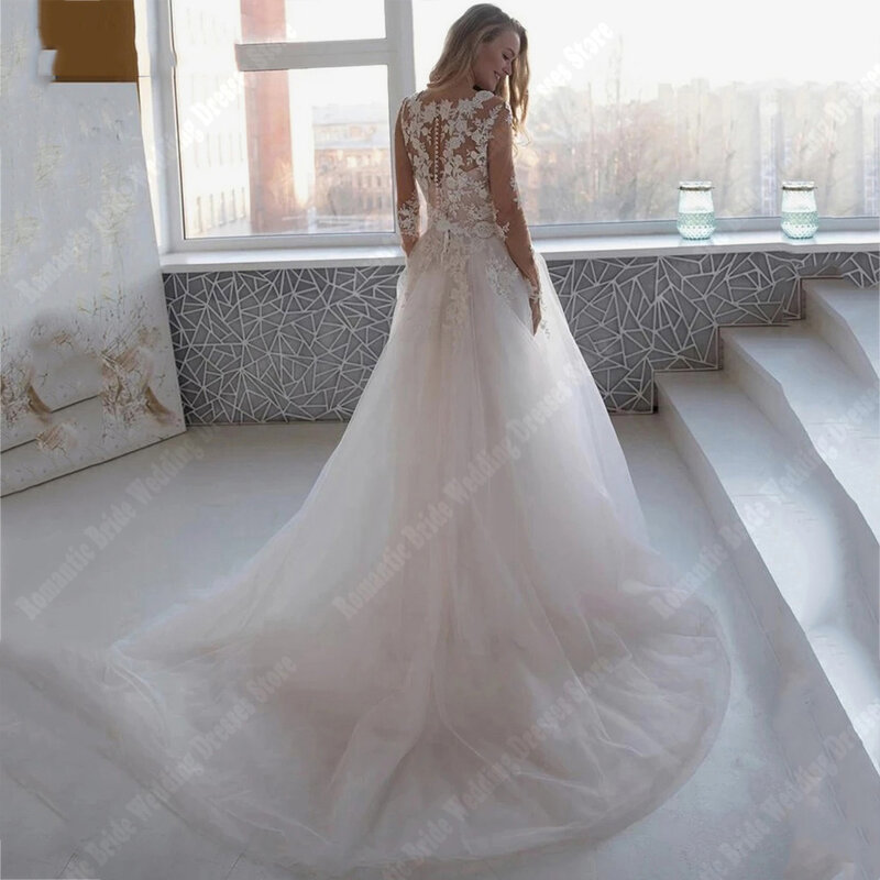 Tulle Long Sleeves Women Wedding Dresses Round Collar Bridal Gowns Elegant  A-line Fluffy Hems Mopping Length Vestidos De Novia
