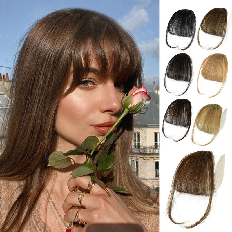 Clip in Air Bangs Human Hair Clip in Hair Extensions Wispy Bangs Natural Fringe with Temples Hairpieces for Women
