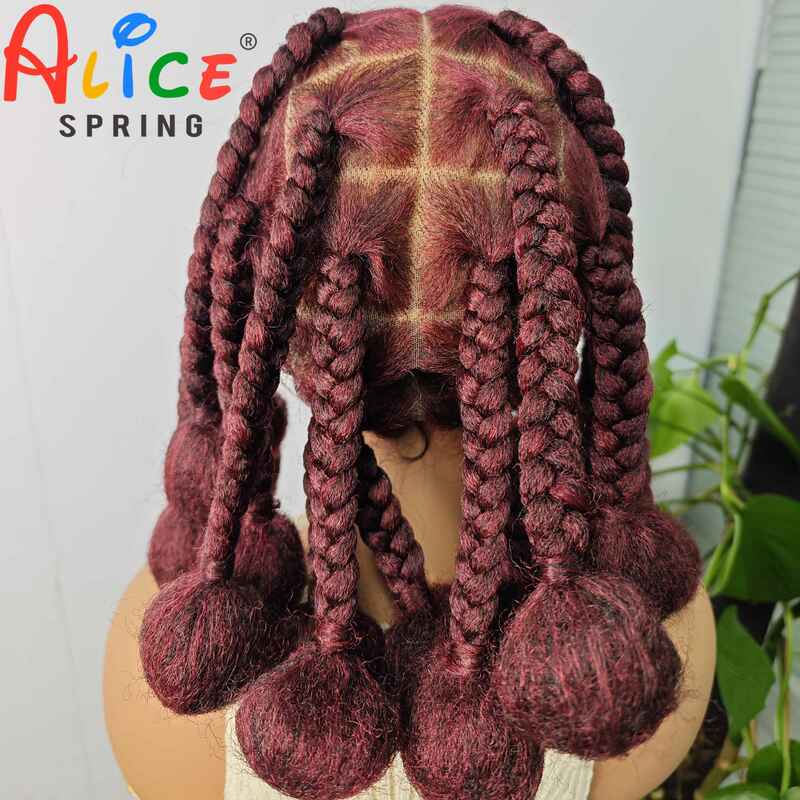 Burgundy 99J 12 Inches Synthetic Braided Wigs Transparent Lace Front Kontless Box Braiding Wigs With Baby Hair for Black Women