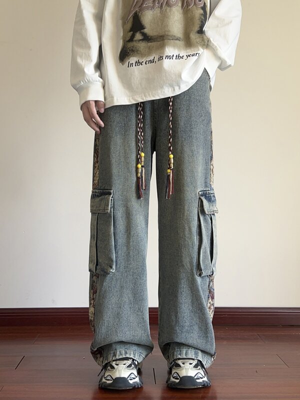 Американские лоскутные брюки с вышивкой для мужчин на весну и осень, потертые и изношенные рабочие джинсы, прямые свободные драпировки