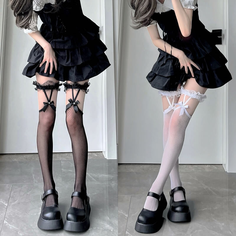 Medias de rejilla hasta el muslo para niña, medias largas hasta la rodilla, estilo japonés, encaje, lazo, tirantes, JK Lolita
