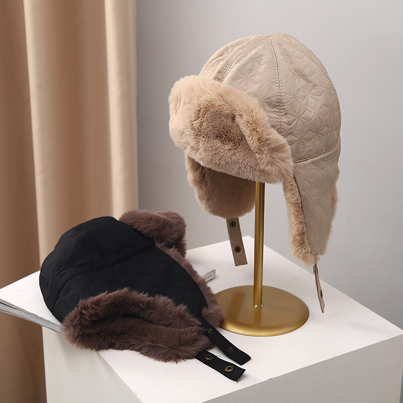여성용 방풍 플랩 모자, 에비에이터 트래퍼 모자, 봄버 모자, 귀 보호 플러시 단색, 두꺼운